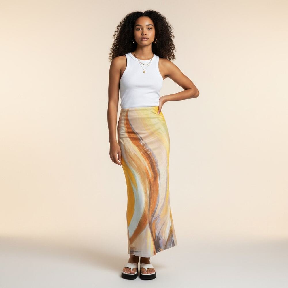 Zara Mesh Maxi Skirt S Abstract Watercolor Print Yellow Orange Sheer Y2K